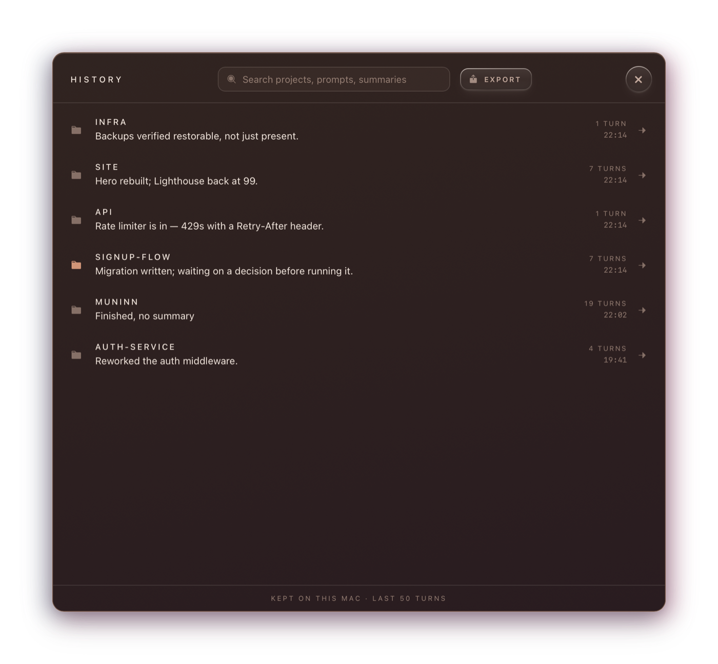 The History window: six projects, each turn with its summary and time
