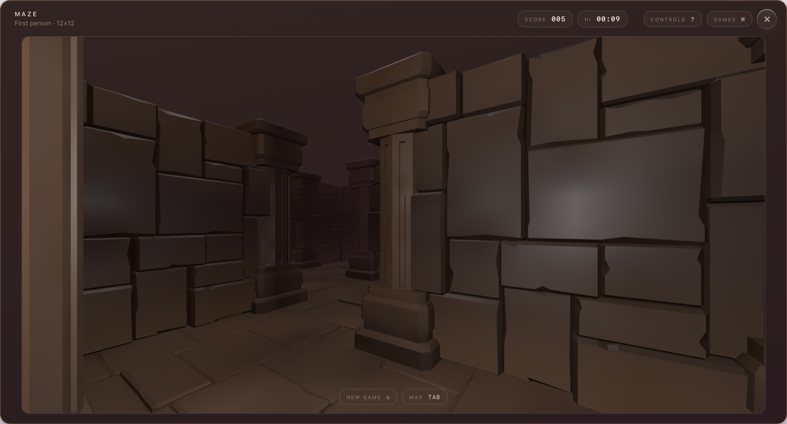 The maze, walked in first person through stone corridors
