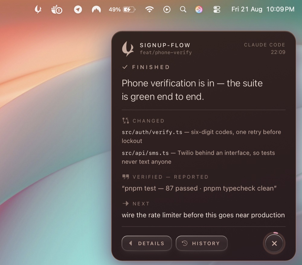 The panel in the top-right corner of a Mac desktop: finished, with the summary