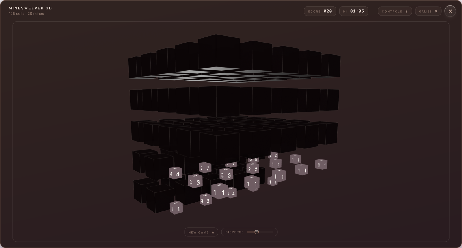 Minesweeper 3D: a 5×5×5 lattice pulled apart by the disperse slider